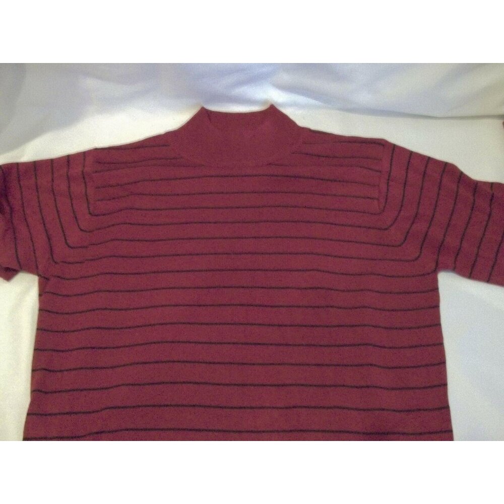 Gianni Womens Red Black Striped Mock Neck Short Sleeve Shirt Size Petite Medium